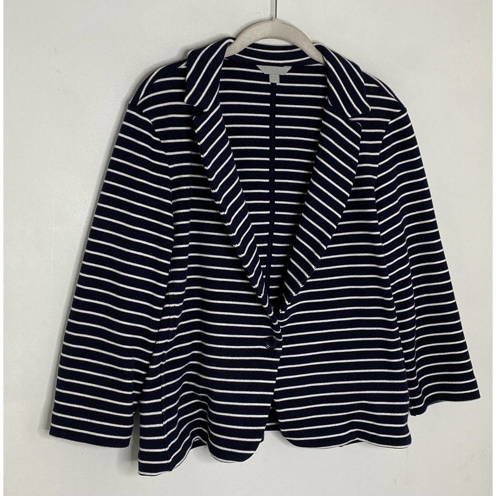 Pure Collection Womens Cotton Blue White Stripe One Button Blazer Size 12 - Picture 2 of 5